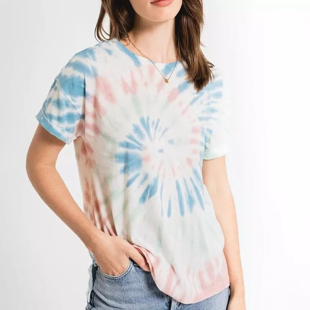 Z Supply Tie Dye Crew Neck Tee Cuffed Sleeves Side Split Hem Size Small